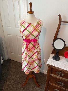 Jessica Howard White/multi color Plaid Sundress with Pink Bow waistline